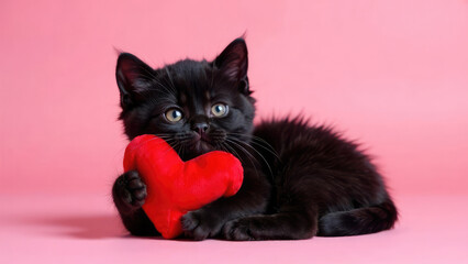 Wall Mural - a black kitten lies down, gently holding a red heart against a solid pink background. concept of val