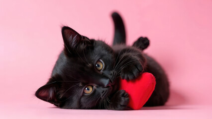 Wall Mural - a playful black kitten is holding a red heart while lying on a pink background. concept of valentine