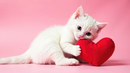 Wall Mural - a white kitten plays with a red heart against a solid pink backdrop. concept of valentine's day pet 