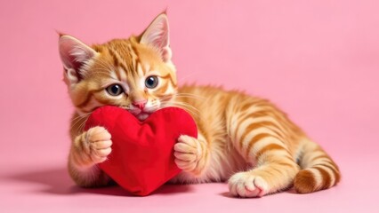 Wall Mural - A ginger kitten lies down, playfully holding a red heart against a pink backdrop. Concept of Valentine's Day affection.