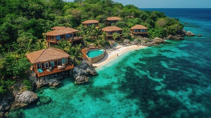 Canvas Print - Tropical island resort with private villas, beach, and infinity pool.