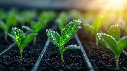 Wall Mural - Fresh green seedlings are growing in rich soil, glistening with dew under warm sunlight, showcasing the beauty of new life in a nurturing environment.