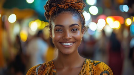 Poster - Happy young woman smiling at night market.