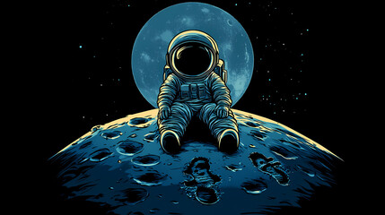cute astronaut sitting on the cartoon moon with footprints. moondust. illustration