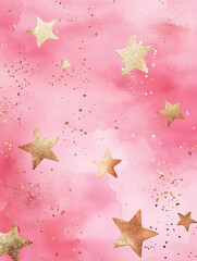 Wall Mural - pattern with stars, pink watercolor with gold stars, cute seamless pattern, gold metallic stars, pink watercolor 