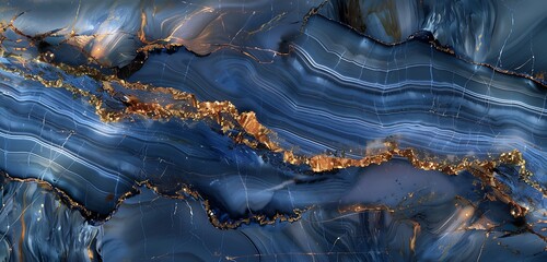 Wall Mural - Blue marble surface with intricate layers of azure and a shimmering golden stripe. Bold and luxurious marble contrasts.