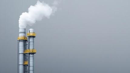 Wall Mural - Industrial smokestacks emitting white smoke against a gray sky with a minimalistic design for environmental themes