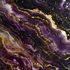 Wall Mural - Luxurious dark marble with dynamic gold streaks, contrasting purple tones, and sparkling ruby gems