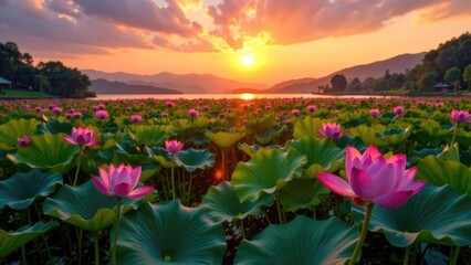 Aufkleber - Pink lotus flowers and green lily pads float on a calm lake during a beautiful sunset.
Concept of peaceful nature.