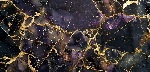 Wall Mural - Luxurious dual marble background with golden cracks, purple accents, and shimmering black onyx