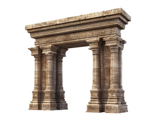 Snow-covered ancient stone archway with detailed carvings, weathered historic monument for fantasy or historical landscapes, intricate architectural ruins isolated on transparent background