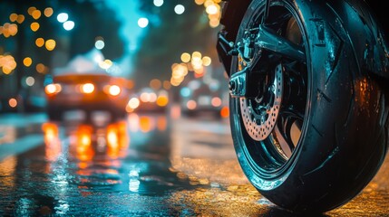 Motorcycle Wheel Reflecting City Lights In Rain