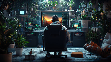hacker in dark room surrounded by plants, accessing company network. atmosphere is intense and focused, with multiple screens displaying code