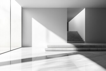 Wall Mural - Modern minimalist white interior with stairs and sunlight.