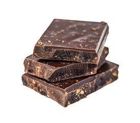 Stack of dark chocolate pieces with rough texture, broken edges, rich and indulgent gourmet treat for desserts and snacking isolated on transparent background