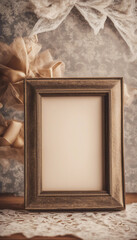 Wall Mural - Two blank retro photo frames on decorative paper framed with lace and bow vertical