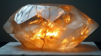 Illuminated translucent sculpture, resembling a gemstone, sits on a marble base.