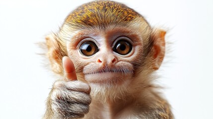 Wall Mural - Adorable baby monkey giving thumbs up, close-up shot against white background.