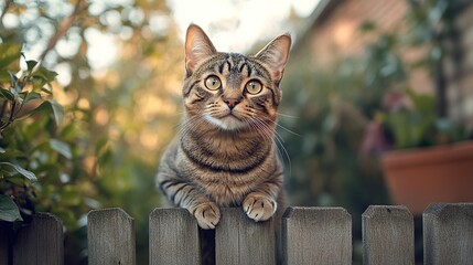 Wall Mural - Tabby cat sitting on a wooden fence in a garden, looking up.