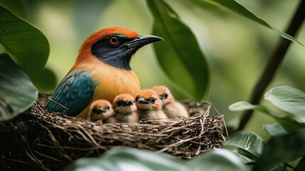 Wall Mural - Vividly colored bird tending to its young in a nest nestled amongst lush green foliage.