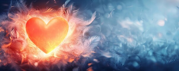 Aufkleber - Vibrant Heart Surrounded by Soft Feathers on a Dreamy Background of Blue Tones