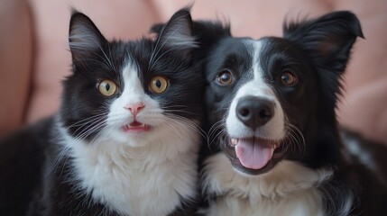 Poster - Close-up of a tuxedo cat and border collie dog snuggling together.