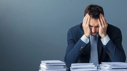 Businessman Experiencing Stress with Head in Hands Surrounded by Piles of Paperwork in a Modern Office Setting