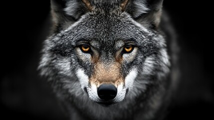 Poster - Close-up portrait of a gray wolf with intense golden eyes against a black background.