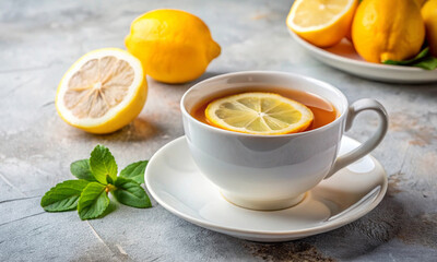 Wall Mural - a white porcelain cup with hot tea and lemon and mint on the table