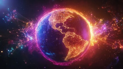 Wall Mural - vibrant earth with colorful light trails and starry background