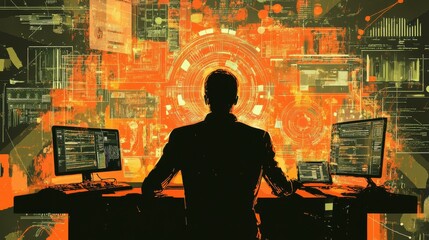 Wall Mural - silhouette of a person analyzing data on multiple computer screens