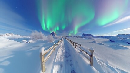 Snowy Path Underneath Vibrant Aurora Borealis Display
