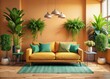 © nick - Peach walls embrace a vibrant yellow sofa, complemented by teal cushions and thriving green plants.