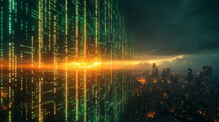 A vibrant digital background of green and yellow binary data streams representing the chaotic and dynamic flow of information, symbolizing technology, progress, and the digital world.


