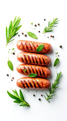 Sticker - Grilled sausages garnished with herbs and spices, presented on a white background for a fresh, appetizing look.