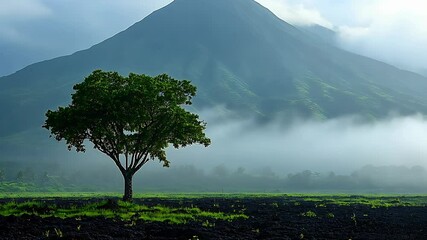 Wall Mural - Static shot: A lone tree stands in a field with a volcano in the background.