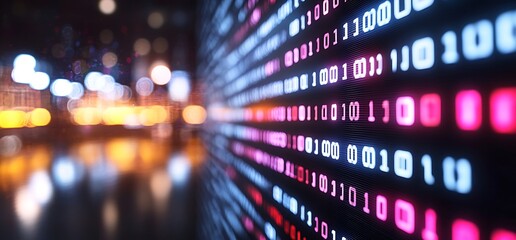 Glowing binary code against a blurred city backdrop.