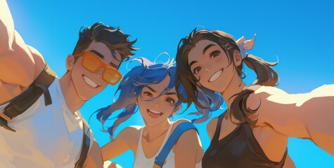 Three friends smiling and taking a selfie, one with blue hair and orange glasses, another in a white tank top and black shorts, and the third with long, curly dark brown hair in a ponytail.