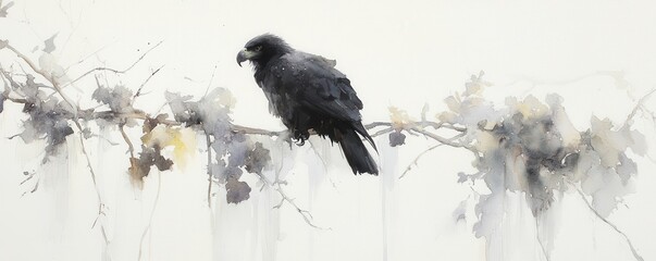 Cawing crow on a gloomy day nature scene watercolor art serene environment artistic perspective symbol of mystery