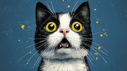 Wall Mural - Surprised tuxedo cat with wide eyes and open mouth against a dark blue background with yellow splatters.