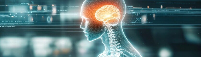 Wall Mural - side view of a human head displaying the brain and nervous system, enhanced by a futuristic digital 