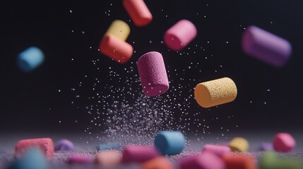 Fototapete - Colorful Foam Shapes Floating in Air with Sparkling Particles on Dark Background Creating a Dynamic and Vibrant Composition for Backgrounds or Product Displays