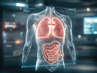 Wall Mural - advanced holographic medical imaging transparent torso glowing lung and heart scans in a high-tech l