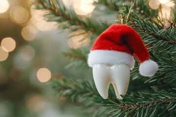 White tooth wearing Santa hat hanging on Christmas tree