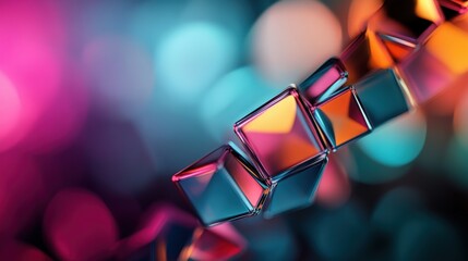 Fototapete - Abstract composition of glowing geometric shapes in vibrant colors with reflections and blurred background, creating a mesmerizing visual effect, perfect for modern designs