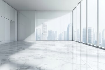 Wall Mural - Empty modern white room with marble floor and city view.