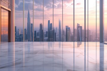 Fototapete - Modern office with panoramic city sunset view.
