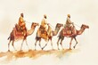 © Pangestu - Magi. Camel caravan in desert, digital watercolor illustration.