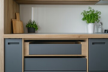 Open kitchen drawer, wood countertop, herbs.