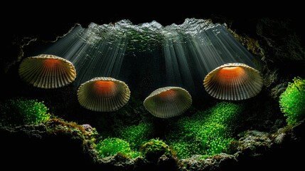 Wall Mural - Illuminated seashells in underwater cave.